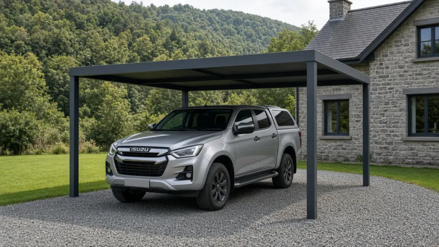 Carport en métal gris anthracite abritant un pick-up, à côté d’une maison en pierre au toit d’ardoises