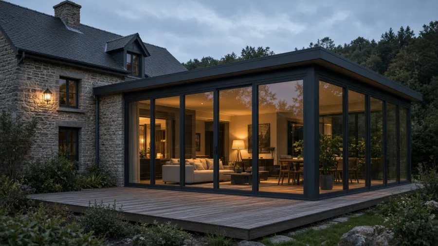Véranda moderne accolée à une maison en pierre